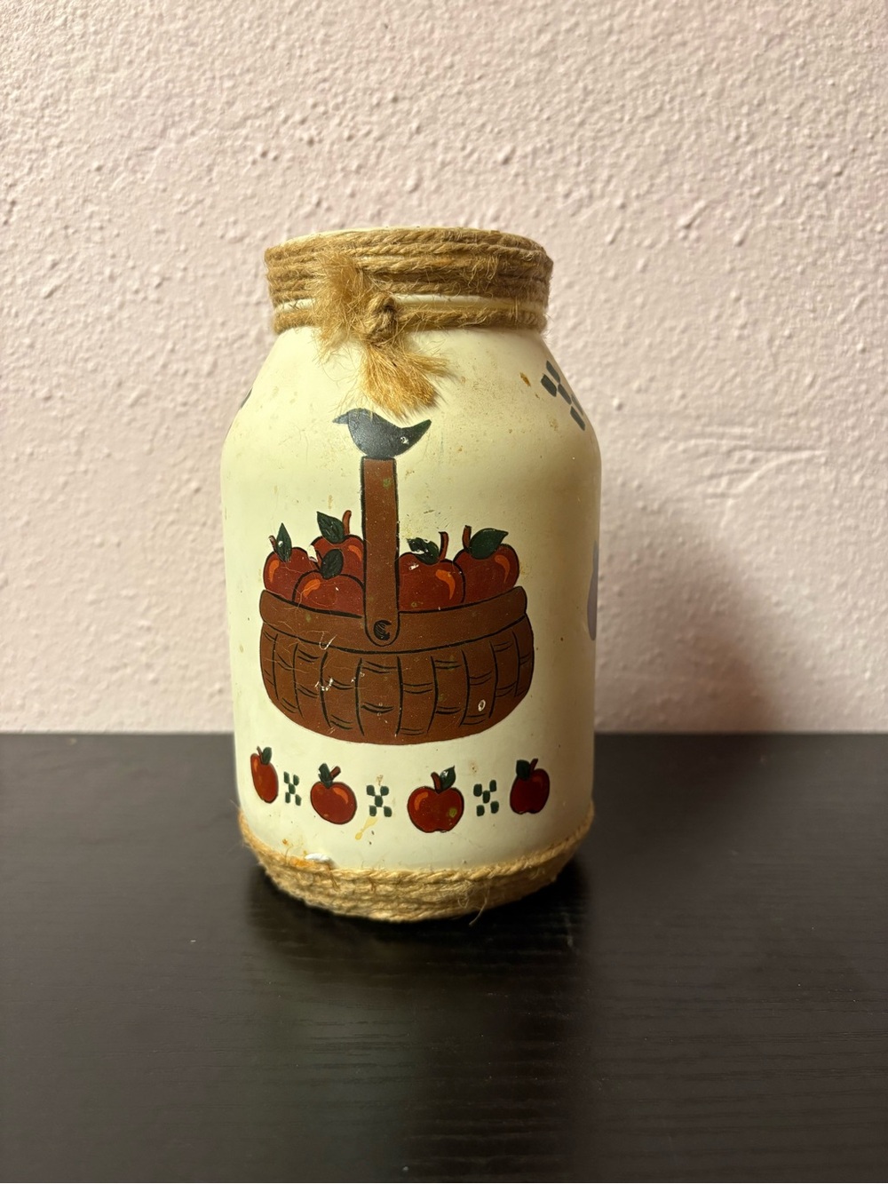 Primitive Apple Decor Jar Hand Painted Country Farmhouse Jute Accent